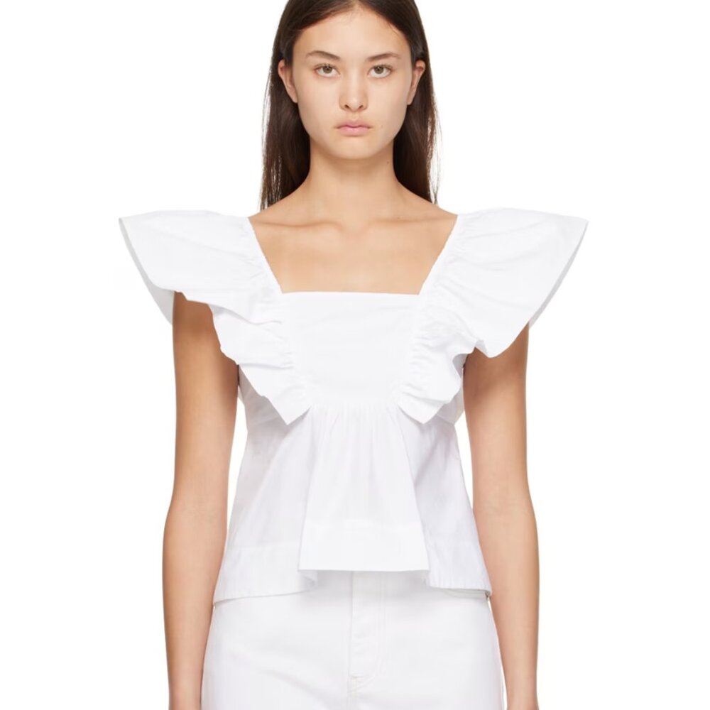 (SOLD) GANNI White Ruffle Poplin Tank Top Blouse, White, Size 34 (XS, US 0)